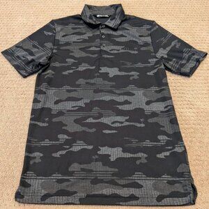 Travis Mathew Men's Medium Golf Polo Shirt Black Grey Camo Palm Trees Pattern